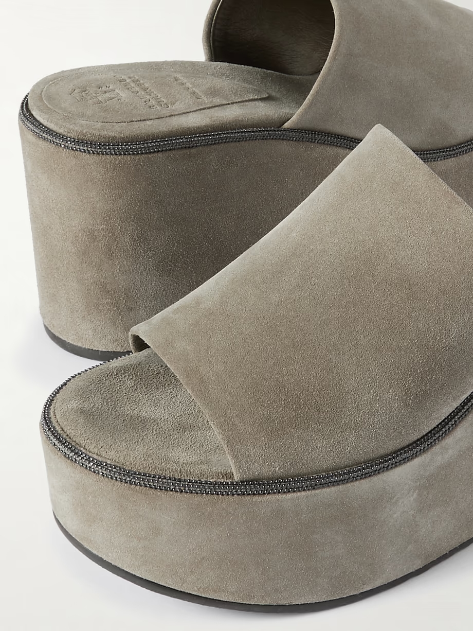 Bead-embellished suede wedge mules Bead-embellished suede wedge mules