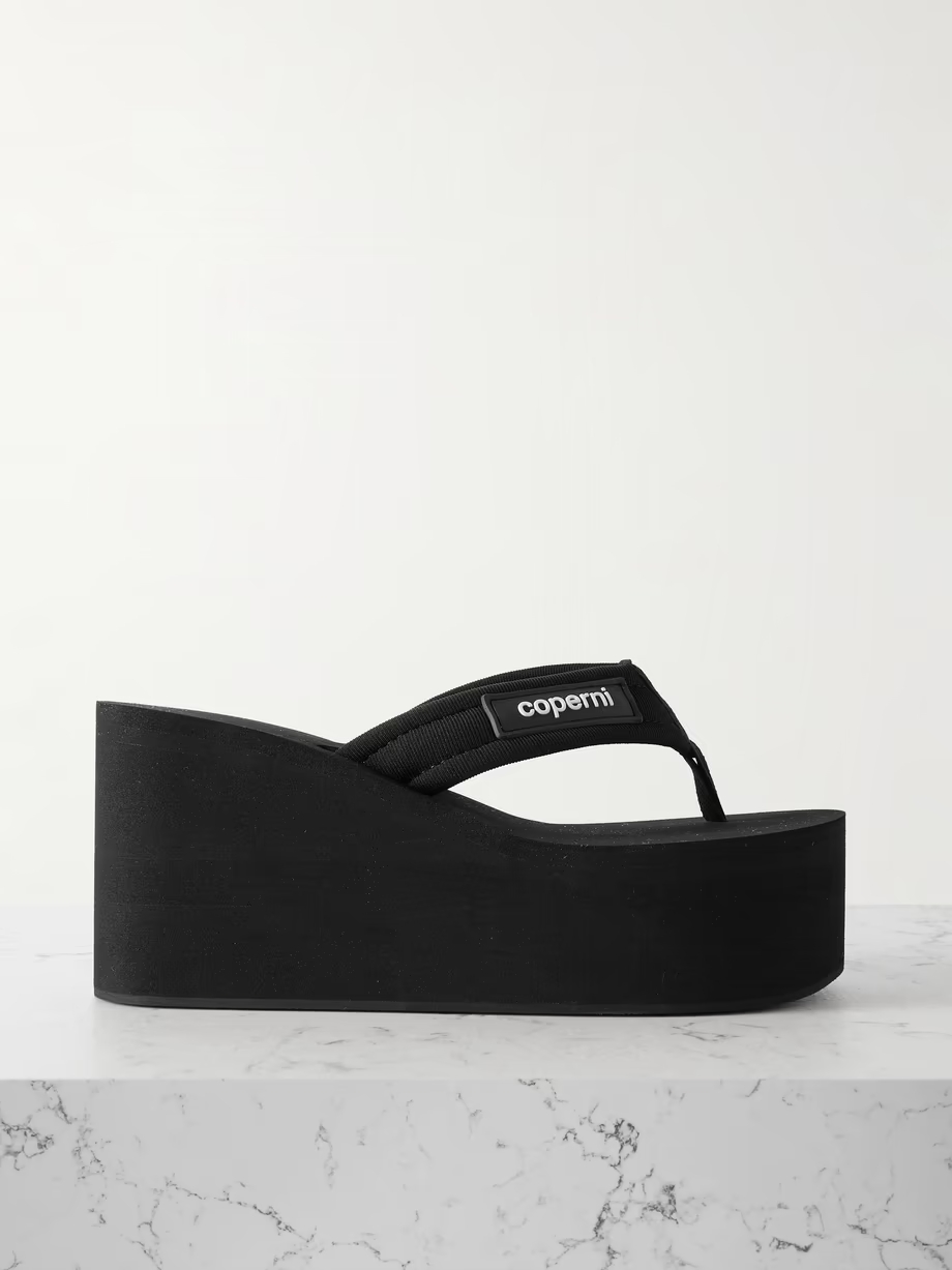 Logo-appliquéd webbing wedge flip flops Logo-appliquéd webbing wedge flip flops
