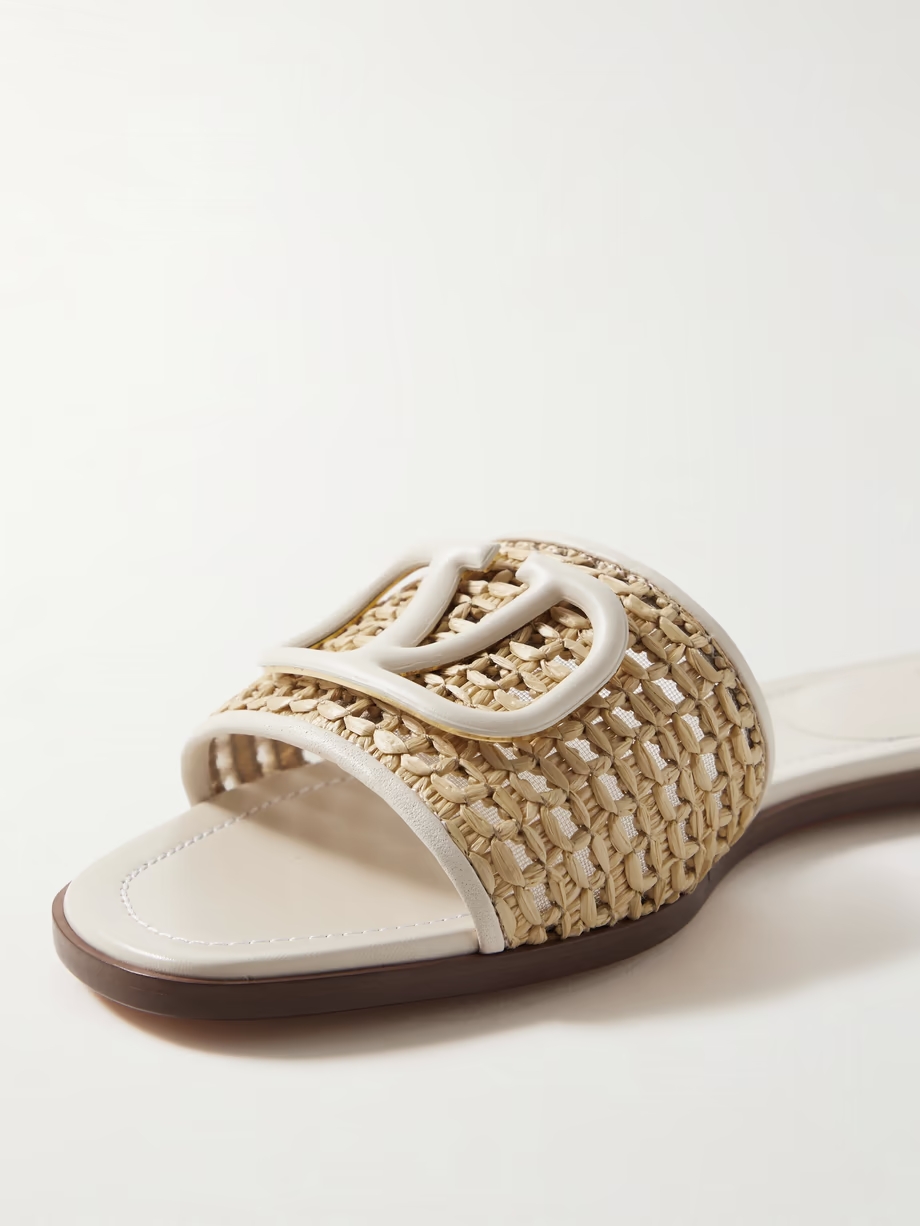 VLOGO embellished leather-trimmed raffia slides VLOGO embellished leather-trimmed raffia slides