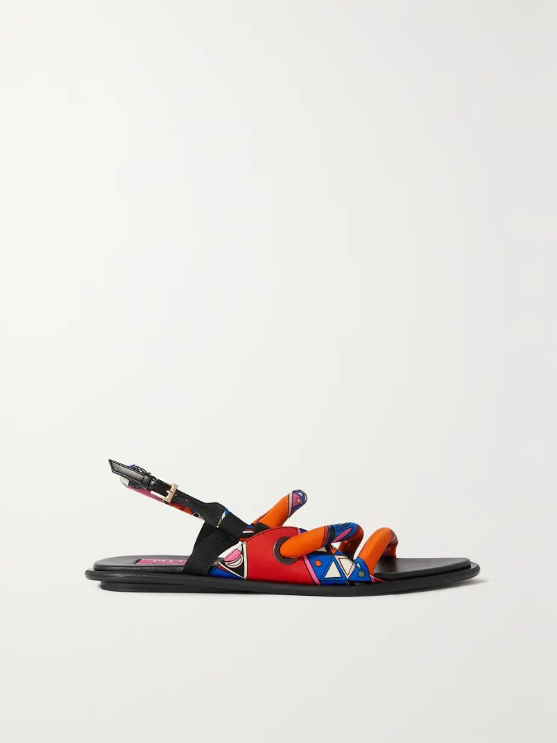 Patent-leather trimmed printed shell sandals Patent-leather trimmed printed shell sandals