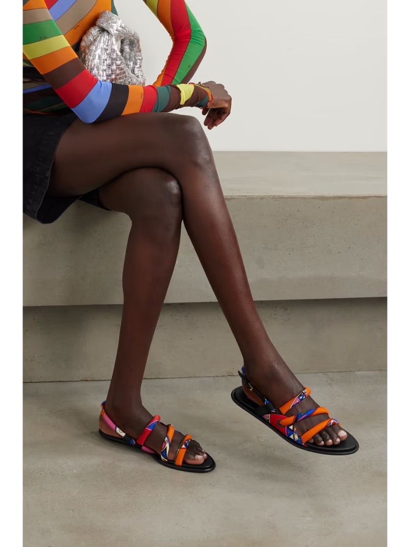 Patent-leather trimmed printed shell sandals Patent-leather trimmed printed shell sandals