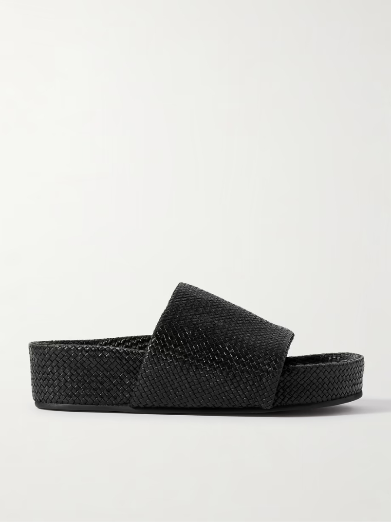 Woven leather platform slides Woven leather platform slides