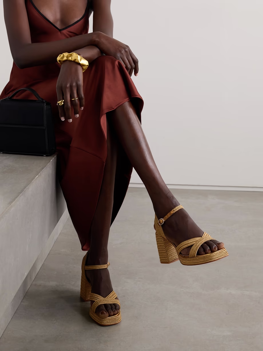 Valle 95 metallic leather-trimmed raffia platform sandals Valle 95 metallic leather-trimmed raffia platform sandals