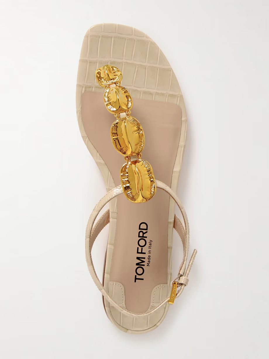 Titan embellished croc-effect patent-leather slingback sandals Titan embellished croc-effect patent-leather slingback sandals