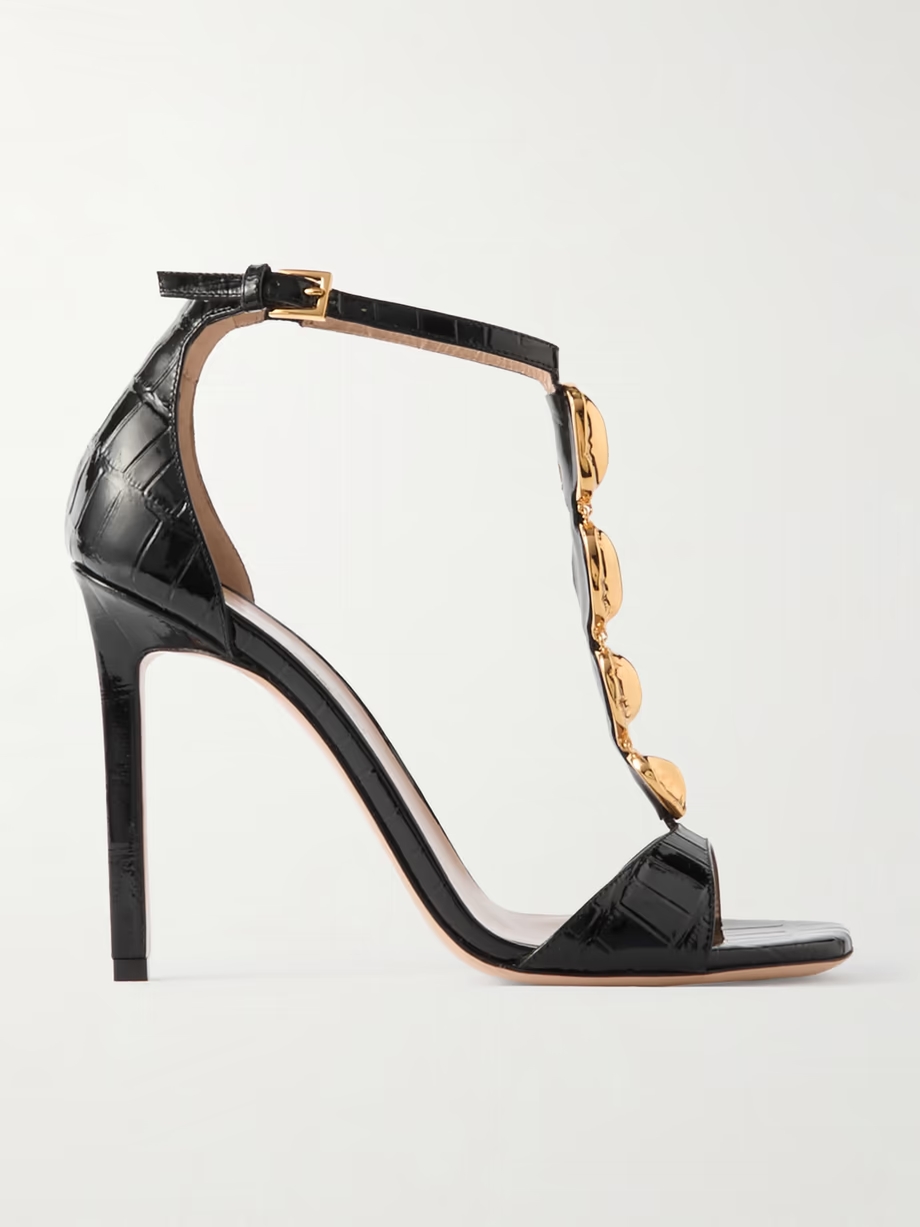 Embellished croc-effect leather sandals Embellished croc-effect leather sandals
