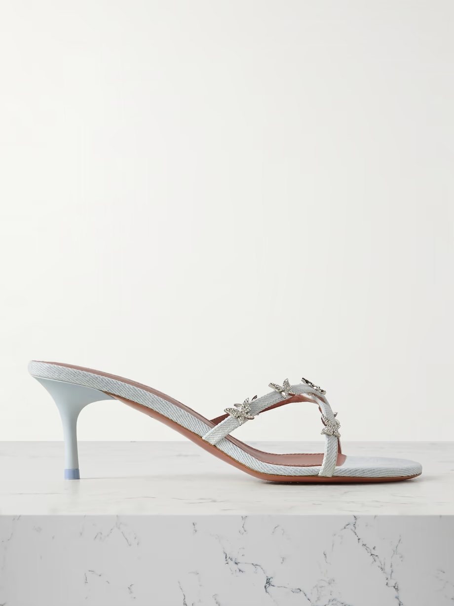 Debora 60 crystal-embellished leather-trimmed denim mules Debora 60 crystal-embellished leather-trimmed denim mules