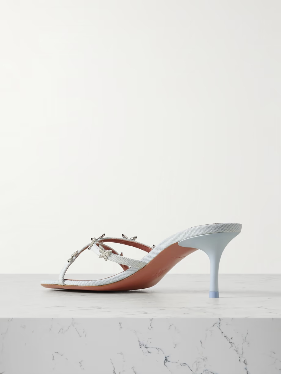 Debora 60 crystal-embellished leather-trimmed denim mules Debora 60 crystal-embellished leather-trimmed denim mules