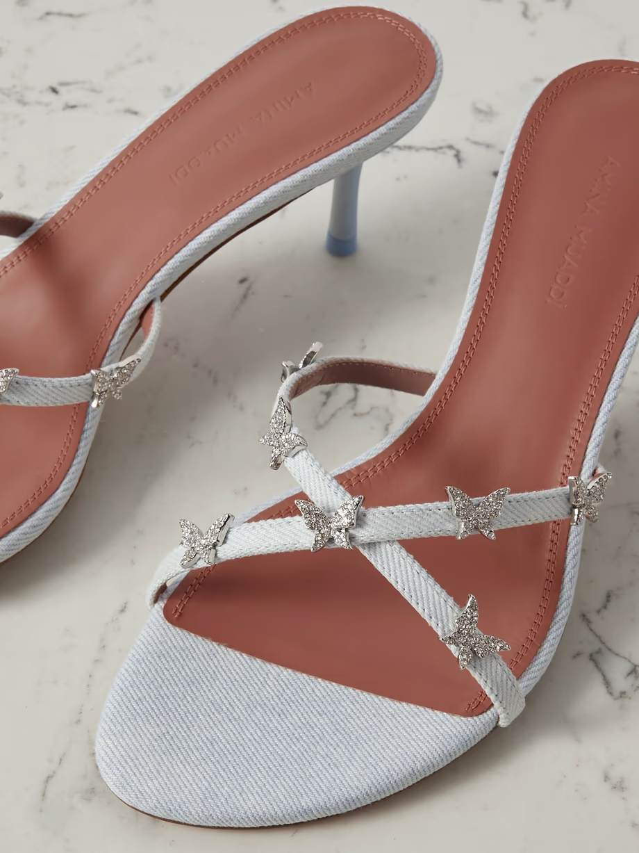 Debora 60 crystal-embellished leather-trimmed denim mules Debora 60 crystal-embellished leather-trimmed denim mules