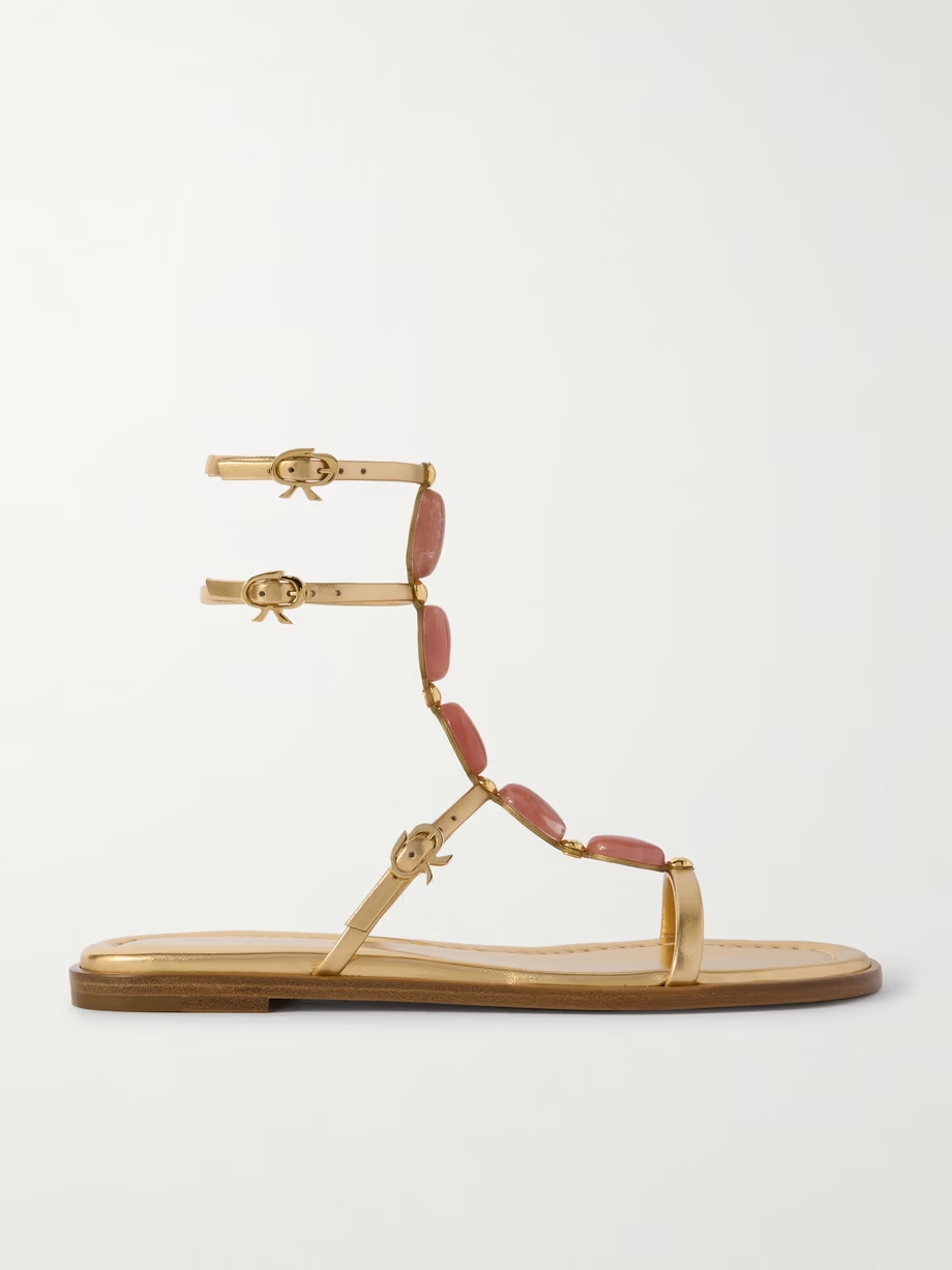Shanti stone-embellished metallic leather sandals Shanti stone-embellished metallic leather sandals
