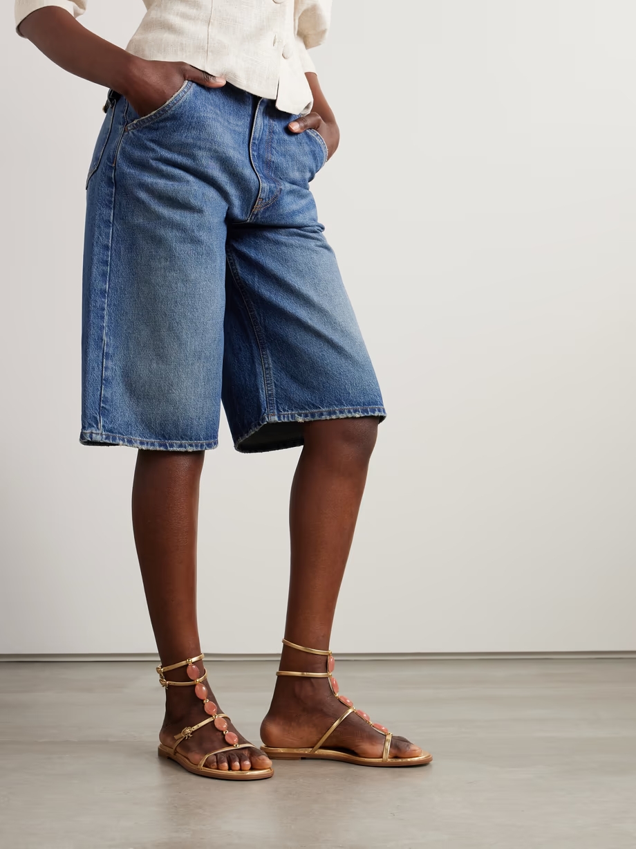 Shanti stone-embellished metallic leather sandals Shanti stone-embellished metallic leather sandals