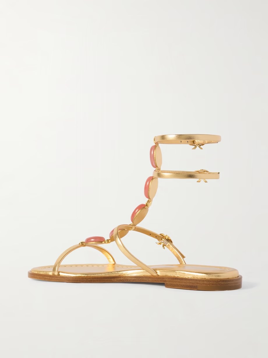 Shanti stone-embellished metallic leather sandals Shanti stone-embellished metallic leather sandals