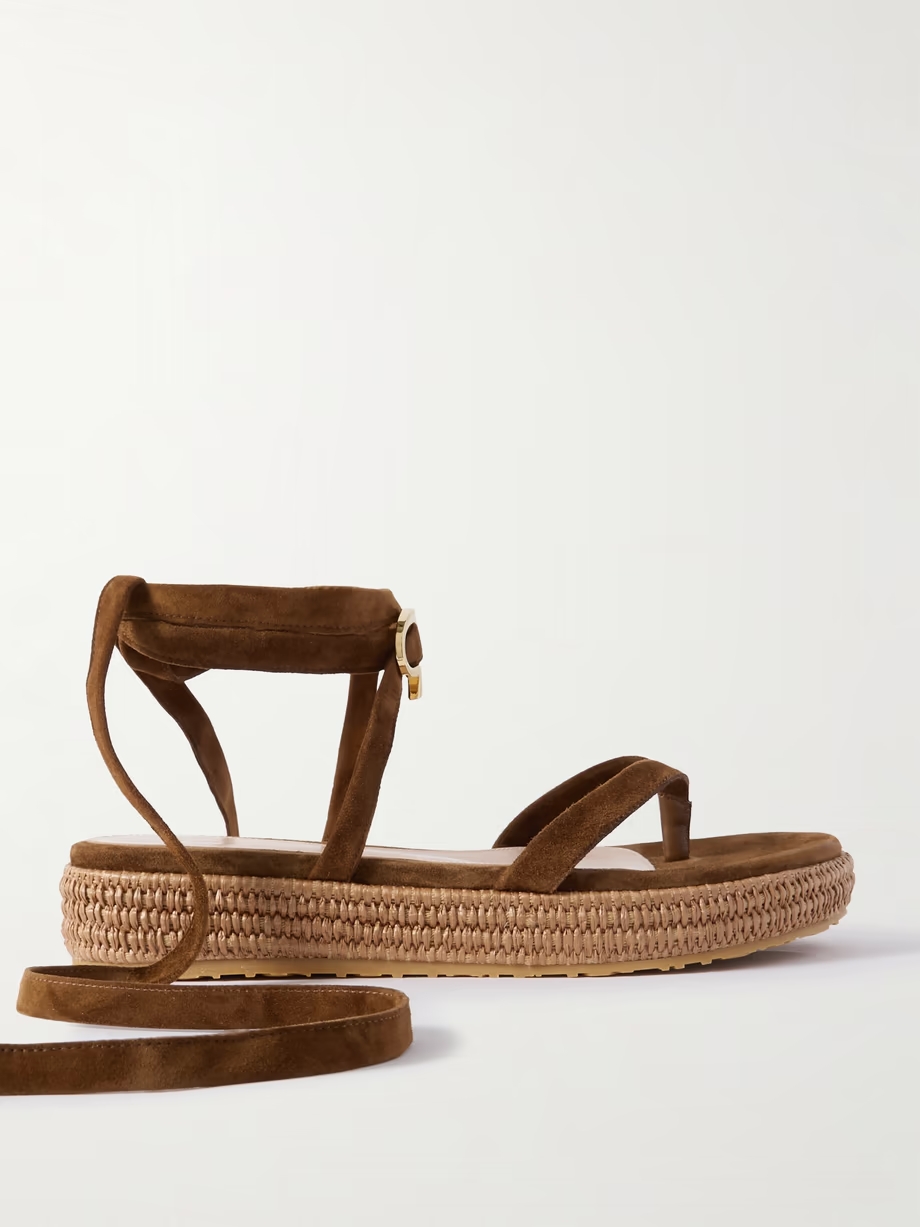 Yasmine embellished raffia-trimmed suede sandals Yasmine embellished raffia-trimmed suede sandals