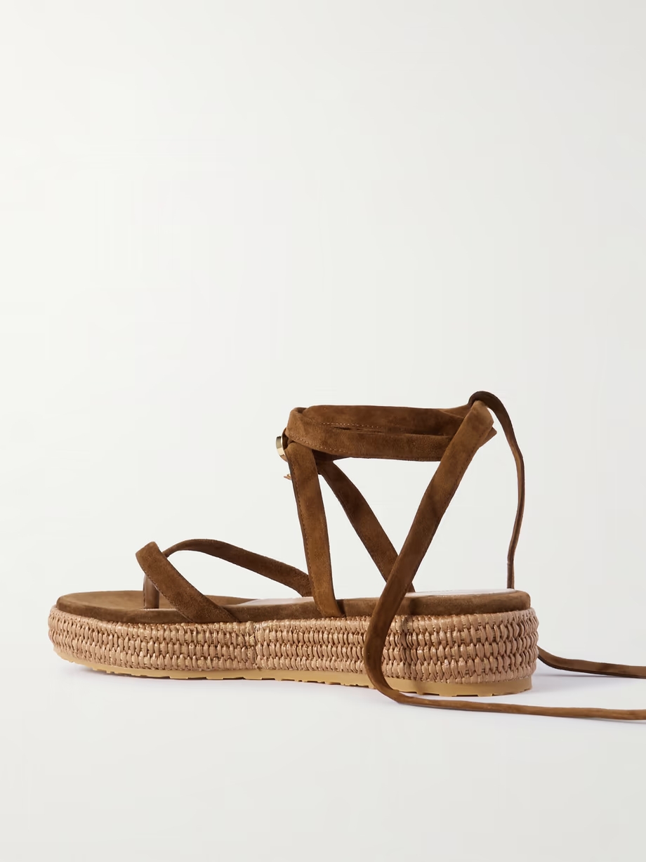 Yasmine embellished raffia-trimmed suede sandals Yasmine embellished raffia-trimmed suede sandals