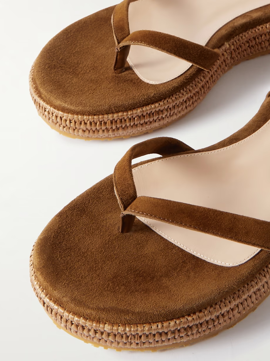 Yasmine embellished raffia-trimmed suede sandals Yasmine embellished raffia-trimmed suede sandals