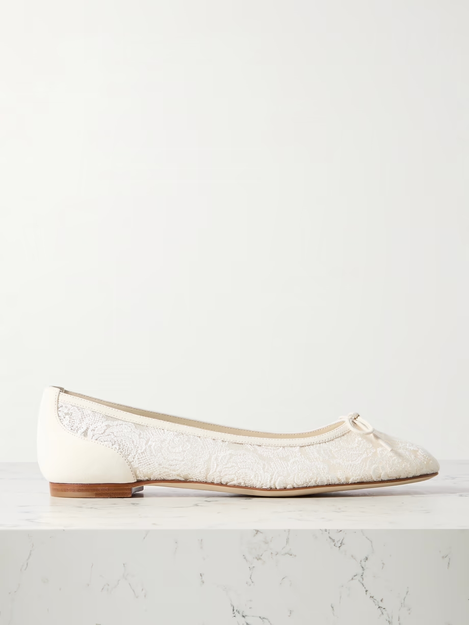 Verizzo bow-detailed suede-trimmed cotton-blend lace ballet flats Verizzo bow-detailed suede-trimmed cotton-blend lace ballet flats