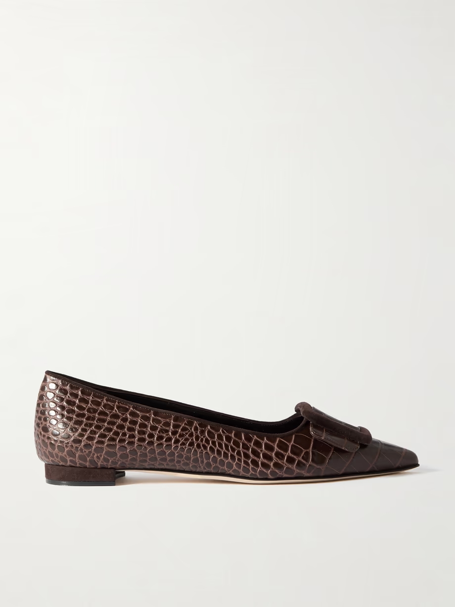 Maysale 10 buckled suede-trimmed croc-effect leather point-toe flats Maysale 10 buckled suede-trimmed croc-effect leather point-toe flats