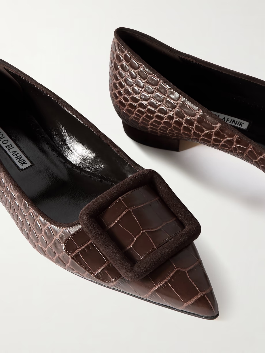 Maysale 10 buckled suede-trimmed croc-effect leather point-toe flats Maysale 10 buckled suede-trimmed croc-effect leather point-toe flats