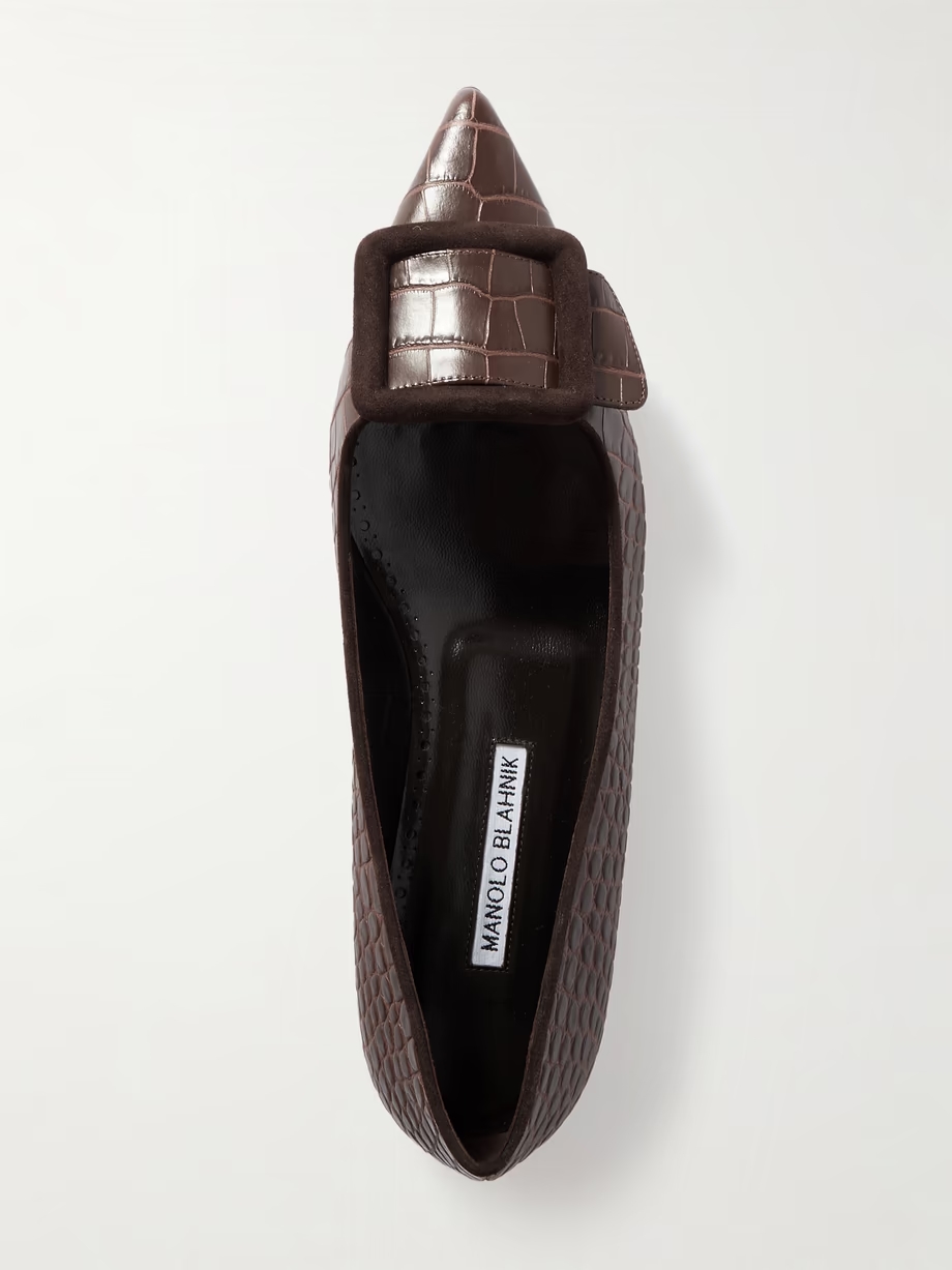 Maysale 10 buckled suede-trimmed croc-effect leather point-toe flats Maysale 10 buckled suede-trimmed croc-effect leather point-toe flats