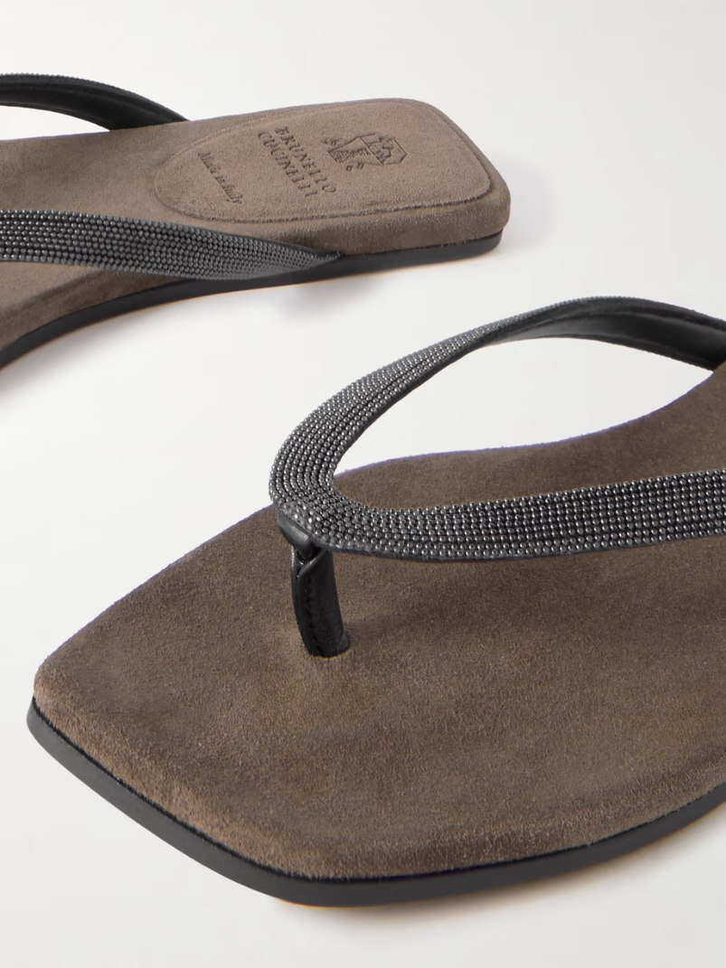 Bead-embellished leather flip flops Bead-embellished leather flip flops