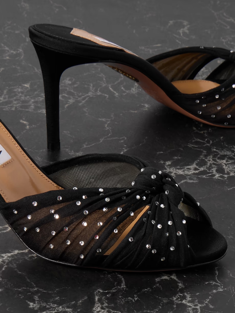 Slow Kisses 75 crystal-embellished knotted silk-satin and chiffon mules Slow Kisses 75 crystal-embellished knotted silk-satin and chiffon mules