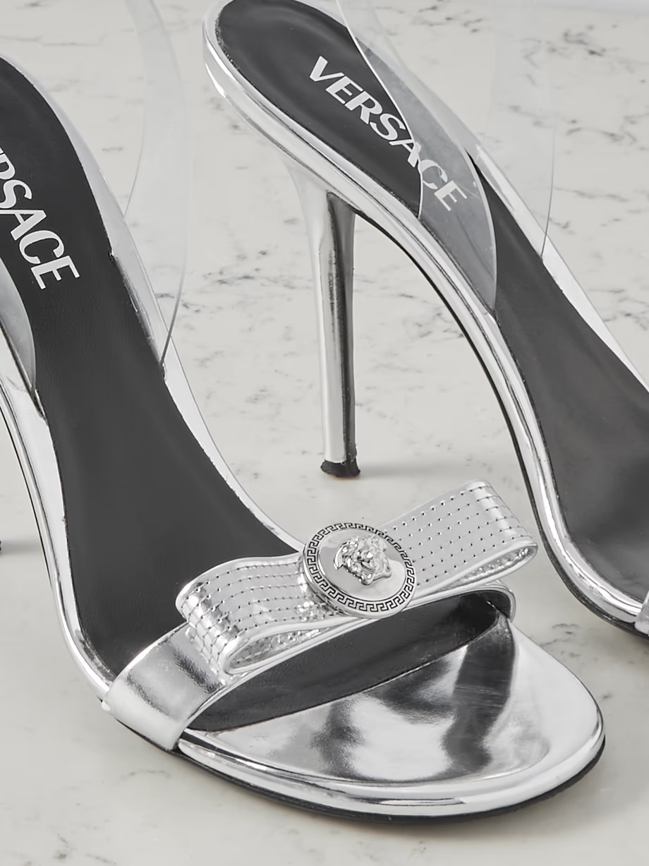 Bow-embellished metallic leather and PVC slingback sandals Bow-embellished metallic leather and PVC slingback sandals