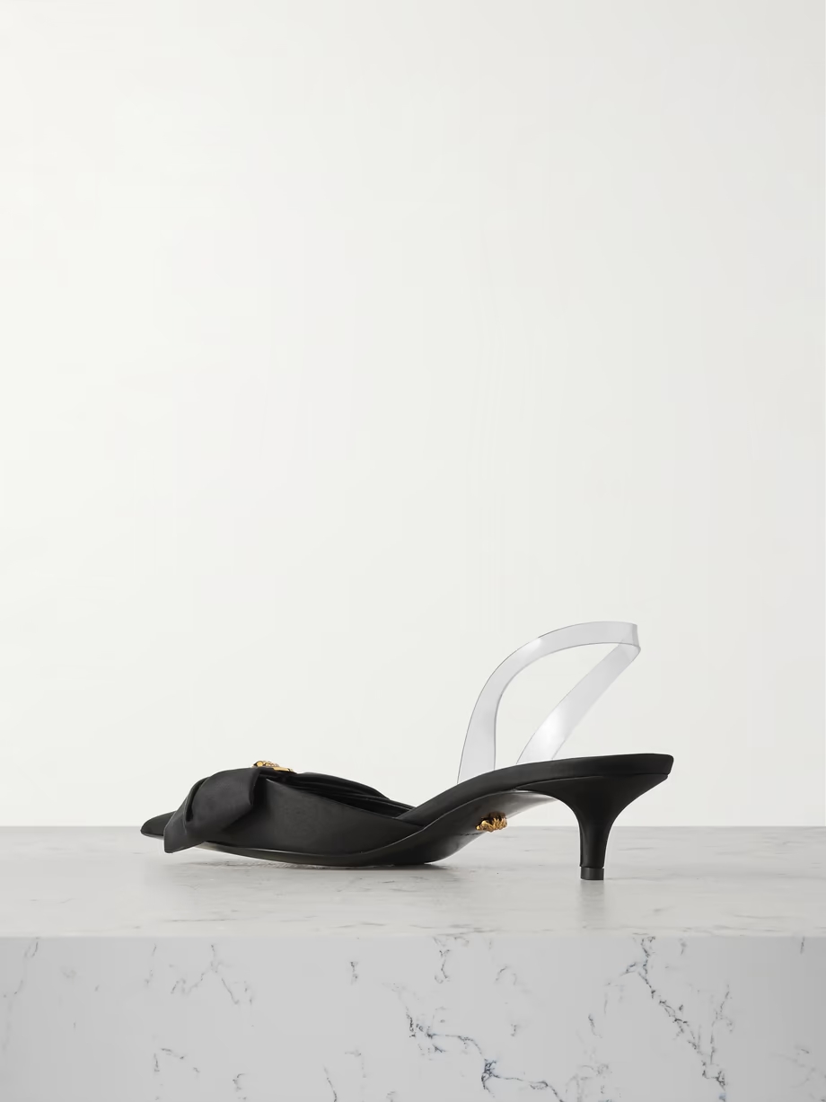Medusa bow embellished rubber-trimmed satin slingback pumps Medusa bow embellished rubber-trimmed satin slingback pumps