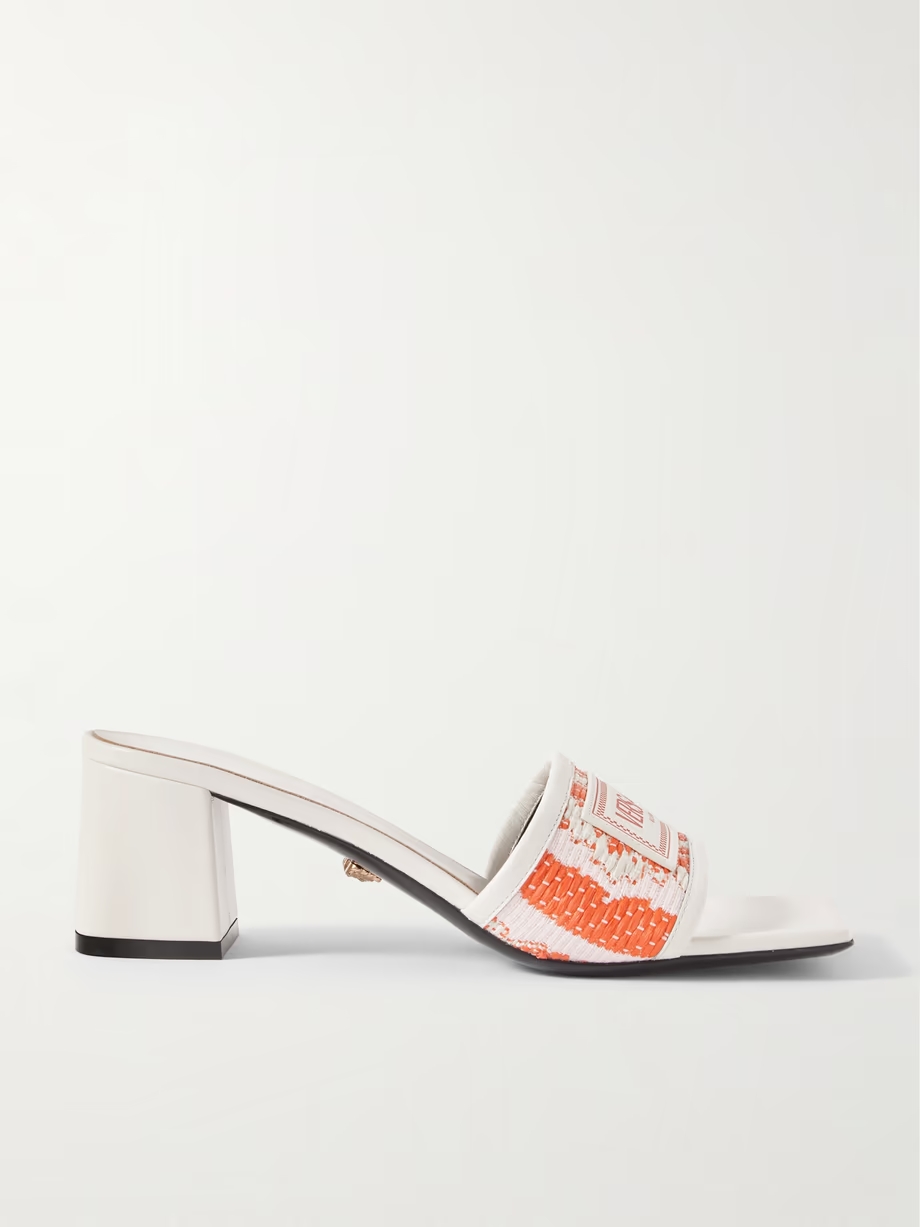 Appliquéd leather-trimmed woven faux raffia mules Appliquéd leather-trimmed woven faux raffia mules