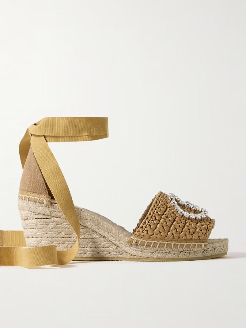 Cora crystal-embellished canvas and raffia espadrille wedge sandals Cora crystal-embellished canvas and raffia espadrille wedge sandals