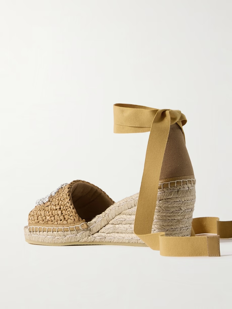 Cora crystal-embellished canvas and raffia espadrille wedge sandals Cora crystal-embellished canvas and raffia espadrille wedge sandals