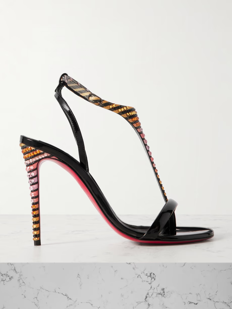 Athina 100 patent leather-trimmed crystal-embellished striped satin sandals Athina 100 patent leather-trimmed crystal-embellished striped satin sandals