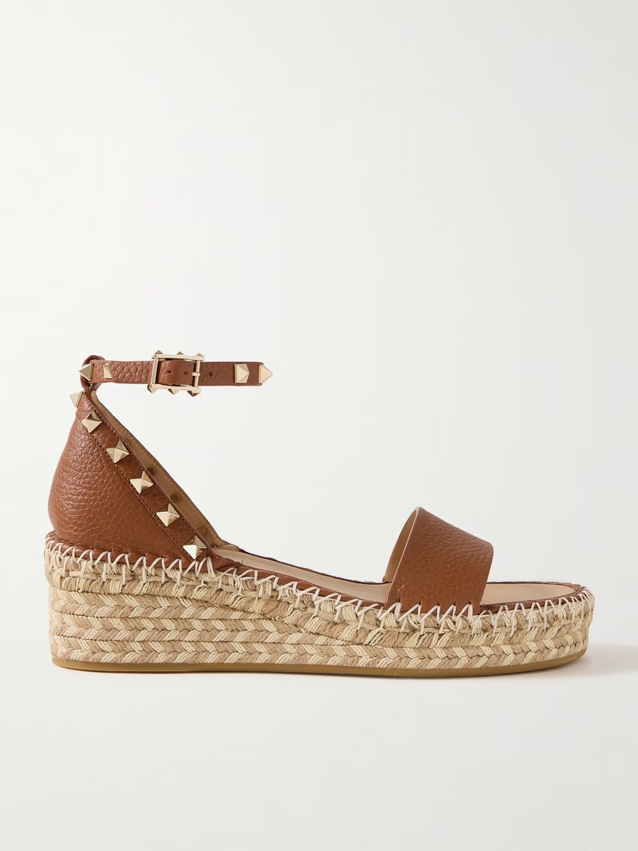 Rockstud 55 textured-leather espadrille wedge sandals Rockstud 55 textured-leather espadrille wedge sandals