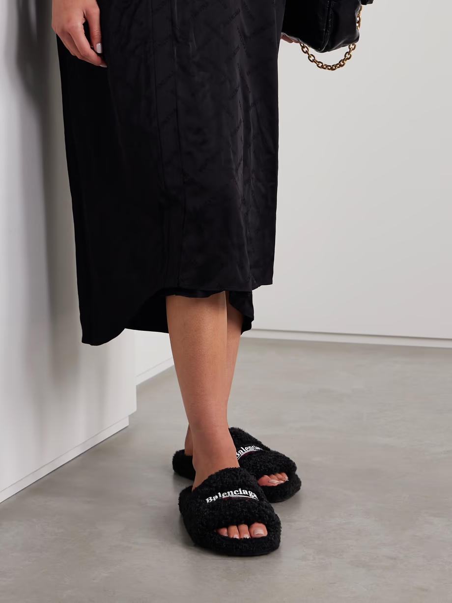 Furry logo-embroidered faux shearling slides Furry logo-embroidered faux shearling slides