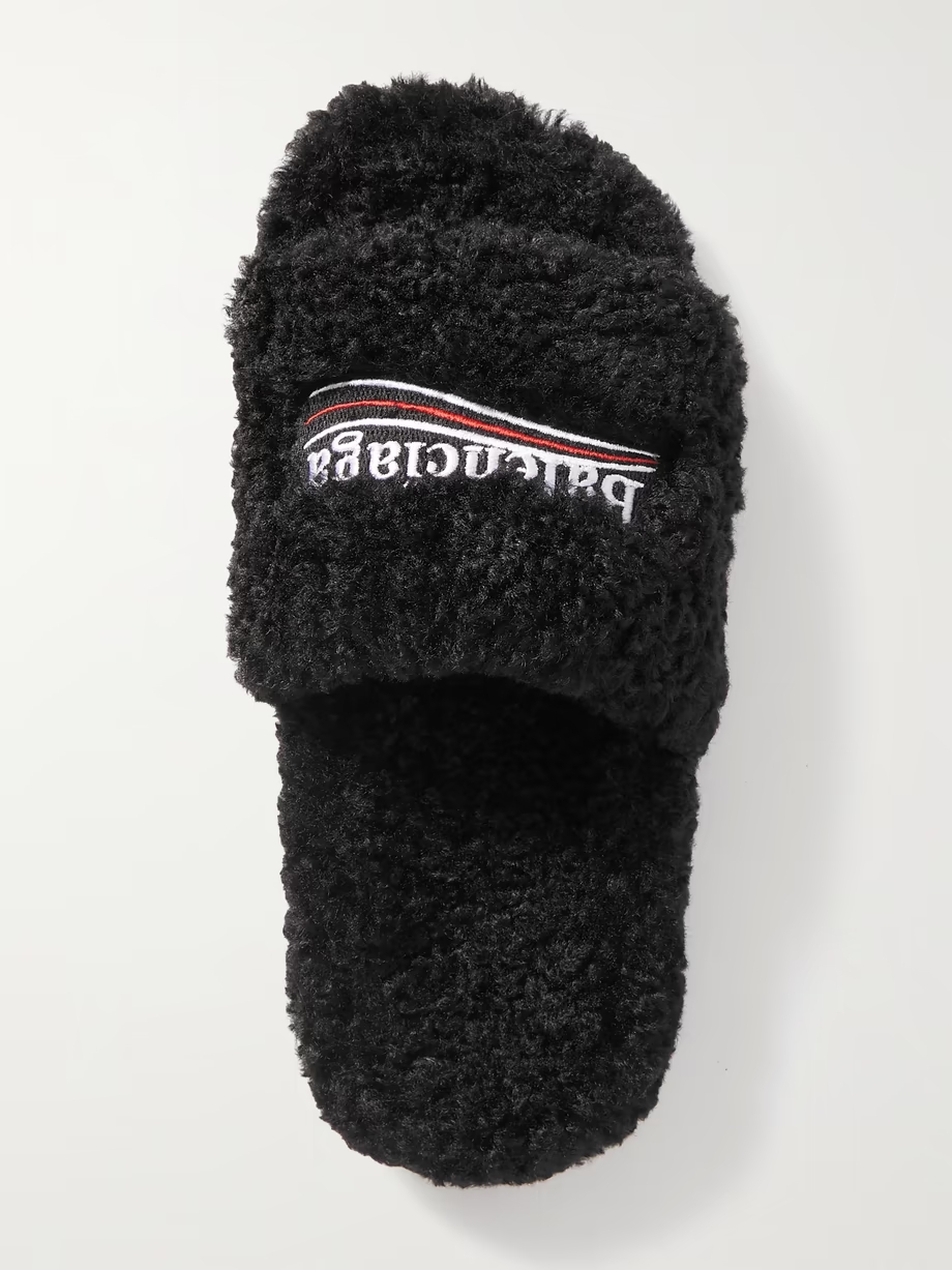 Furry logo-embroidered faux shearling slides Furry logo-embroidered faux shearling slides