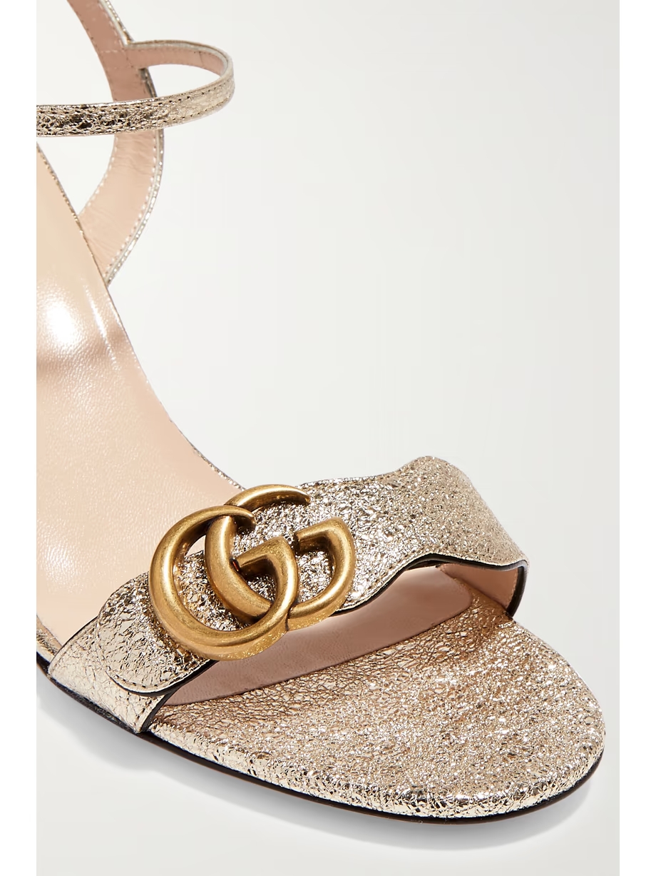 Marmont logo-embellished metallic cracked-leather sandals Marmont logo-embellished metallic cracked-leather sandals