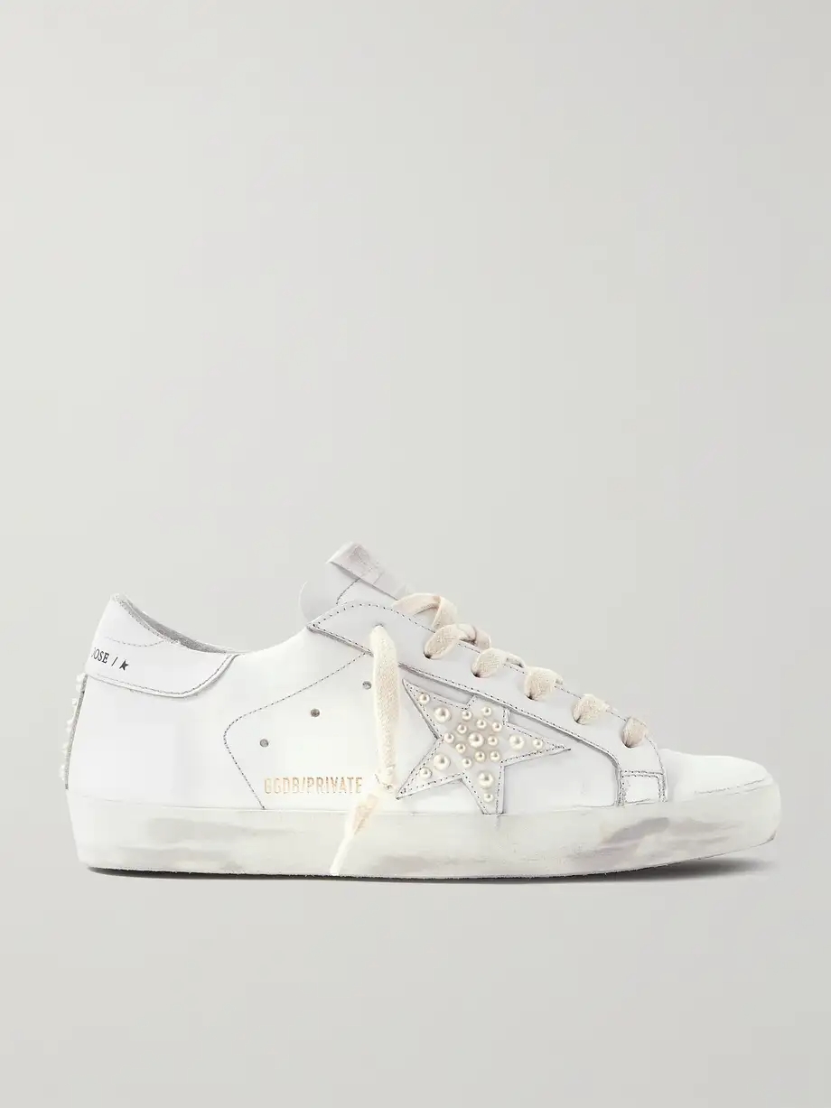 Superstar faux pearl-embellished distressed leather sneakers Superstar faux pearl-embellished distressed leather sneakers