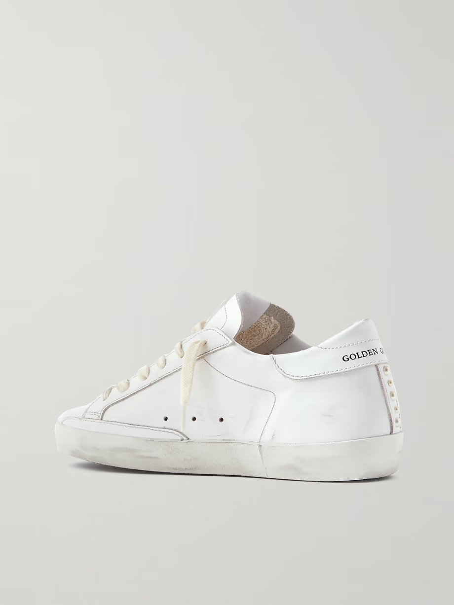 Superstar faux pearl-embellished distressed leather sneakers Superstar faux pearl-embellished distressed leather sneakers