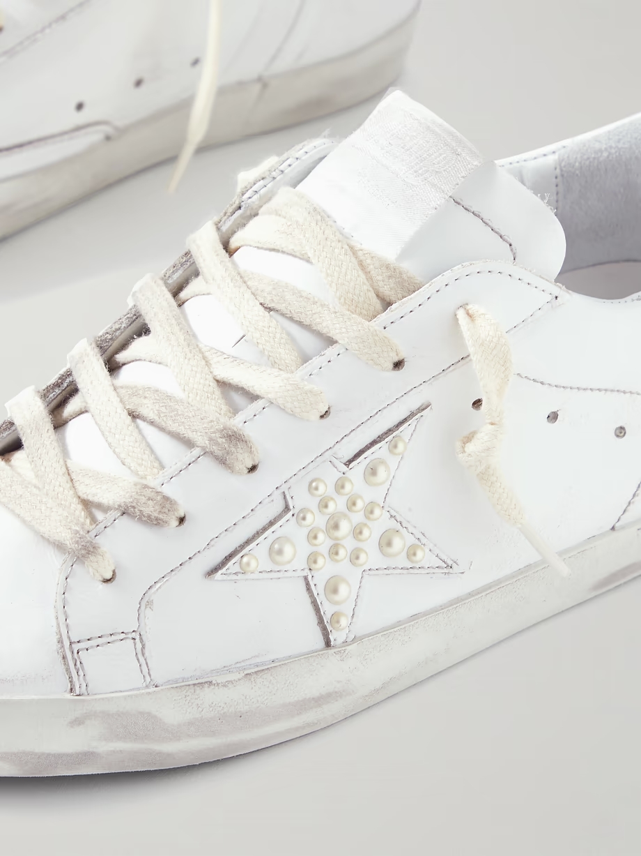 Superstar faux pearl-embellished distressed leather sneakers Superstar faux pearl-embellished distressed leather sneakers