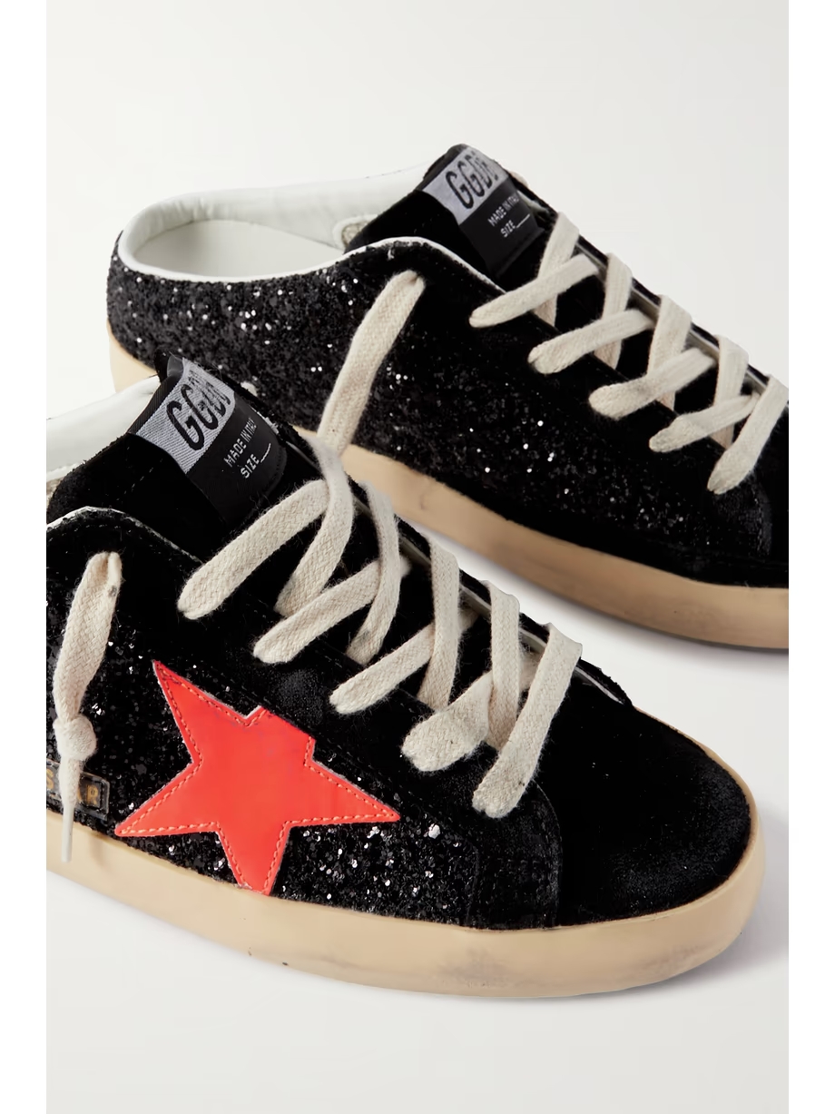 Super-Star Sabot distressed glittered leather and suede slip-on sneakers Super-Star Sabot distressed glittered leather and suede slip-on sneakers