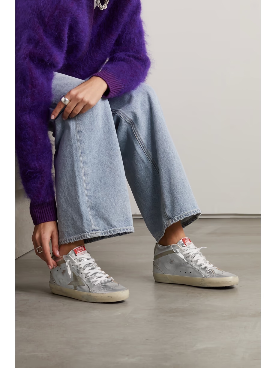 Mid Star distressed suede-trimmed metallic leather sneakers Mid Star distressed suede-trimmed metallic leather sneakers