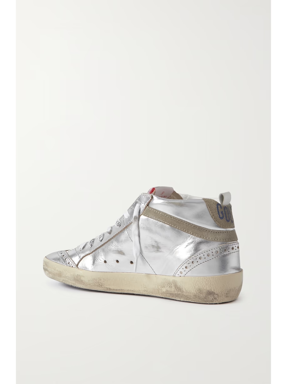 Mid Star distressed suede-trimmed metallic leather sneakers Mid Star distressed suede-trimmed metallic leather sneakers
