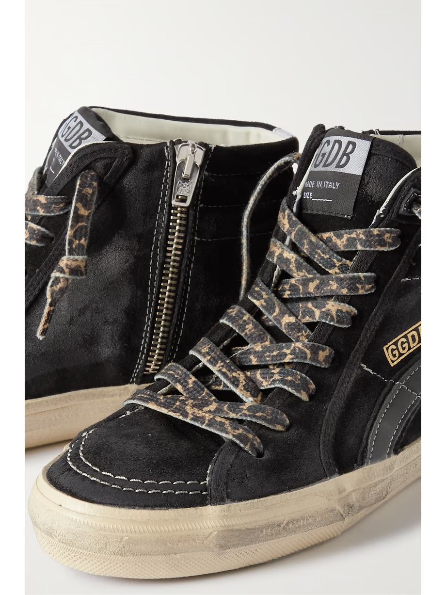 Slide distressed leather-trimmed suede high top sneakers Slide distressed leather-trimmed suede high top sneakers