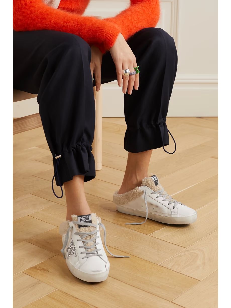 Superstar Sabot shearling-lined distressed glittered leather slip-on sneakers Superstar Sabot shearling-lined distressed glittered leather slip-on sneakers