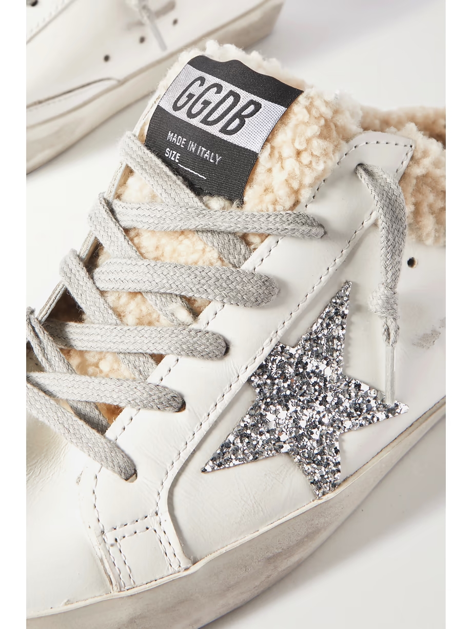 Superstar Sabot shearling-lined distressed glittered leather slip-on sneakers Superstar Sabot shearling-lined distressed glittered leather slip-on sneakers