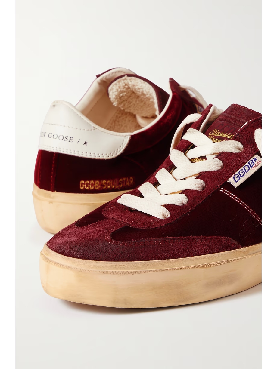 Soul-Star distressed suede and leather-trimmed velvet sneakers Soul-Star distressed suede and leather-trimmed velvet sneakers