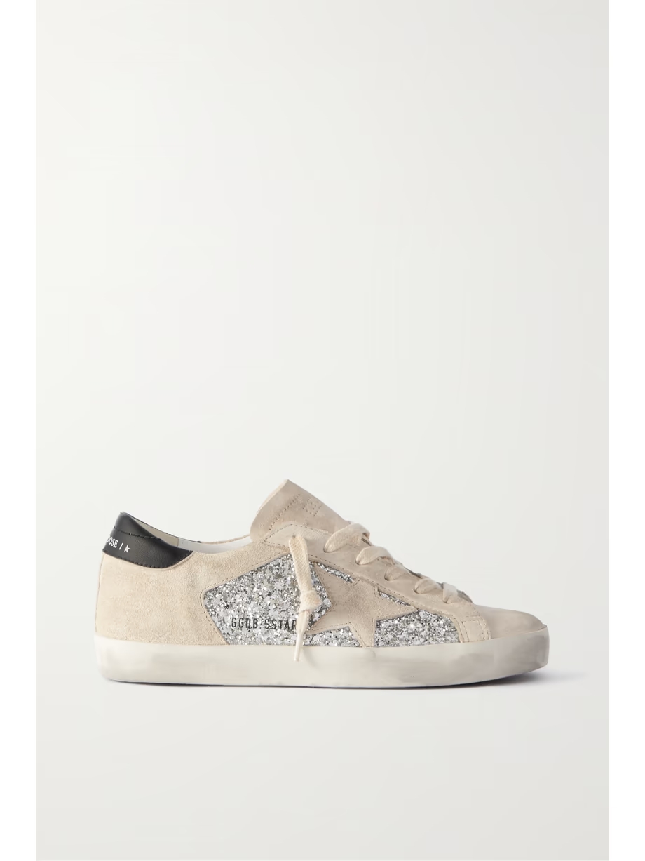 Super-Star leather-trimmed distressed glittered suede sneakers Super-Star leather-trimmed distressed glittered suede sneakers