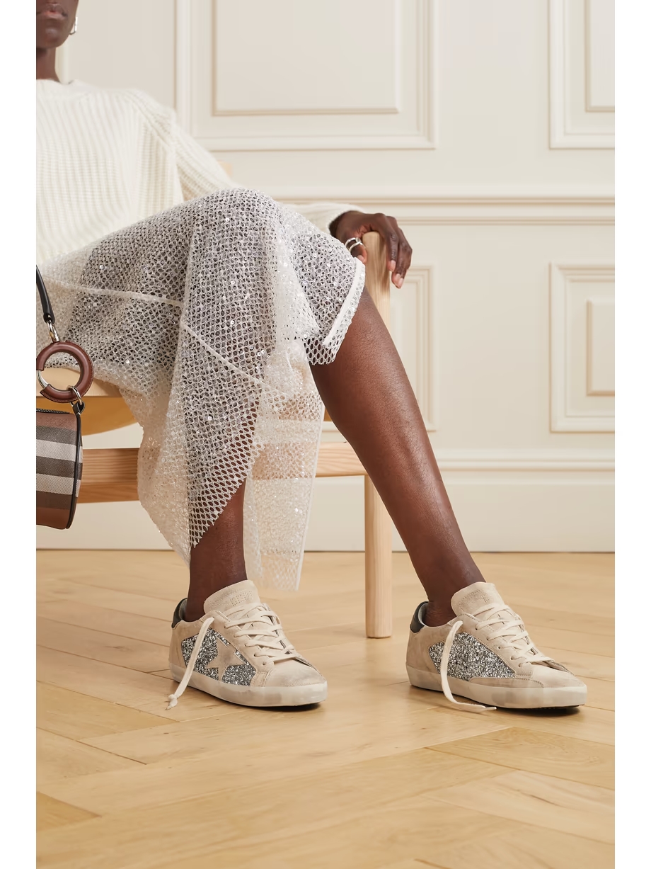 Super-Star leather-trimmed distressed glittered suede sneakers Super-Star leather-trimmed distressed glittered suede sneakers