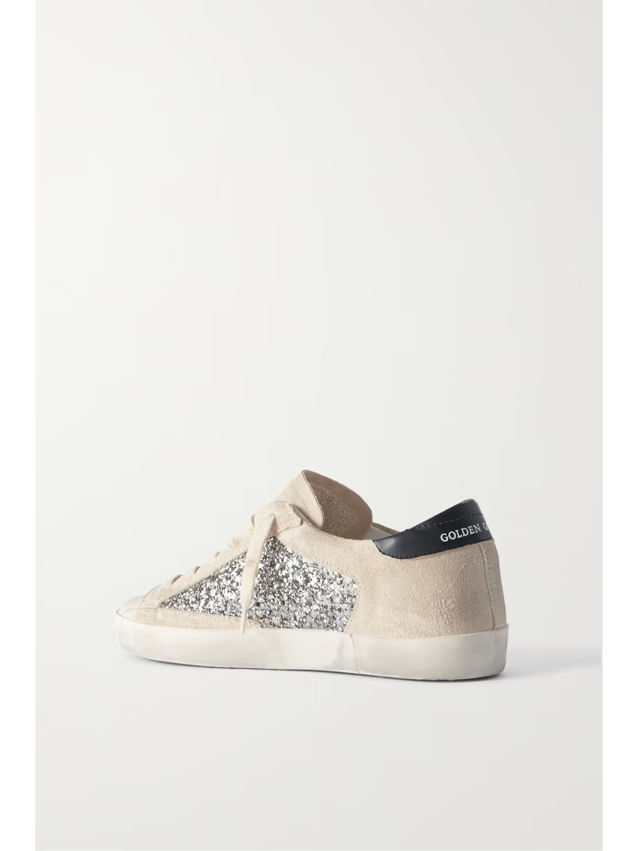 Super-Star leather-trimmed distressed glittered suede sneakers Super-Star leather-trimmed distressed glittered suede sneakers