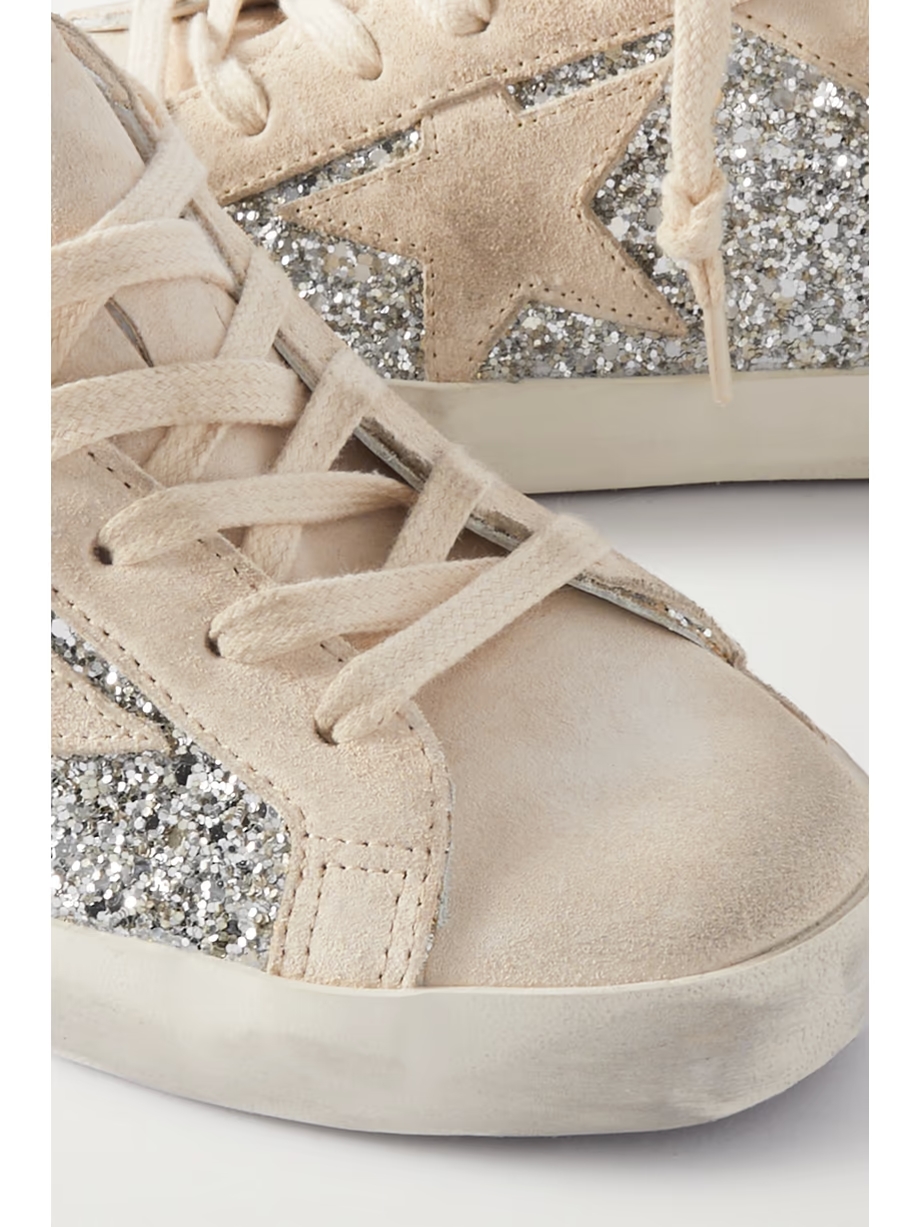 Super-Star leather-trimmed distressed glittered suede sneakers Super-Star leather-trimmed distressed glittered suede sneakers