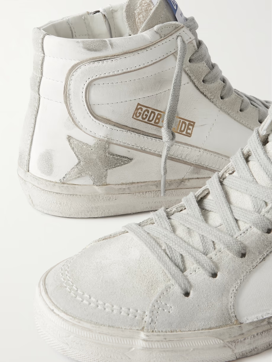 Slide distressed suede and leather high-top sneakers Slide distressed suede and leather high-top sneakers