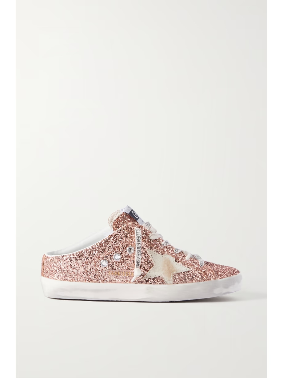 Super-Star Sabot distressed suede-trimmed glittered leather slip-on sneakers Super-Star Sabot distressed suede-trimmed glittered leather slip-on sneakers